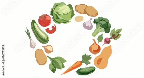 Watercolor vegetable wreath with fresh organic produce including tomato carrot cabbage and squash isolated on white background