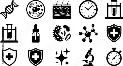 Anti-Aging Science Icons. Outline icon set of anti-aging science: DNA helix, wrinkle line, collagen strand,
