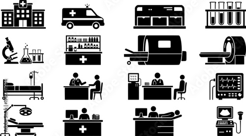 Medical facility icons. Line outline icon set of Medical facility icons: clinic building, emergency room,
