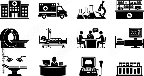 Medical facility icons. Line outline icon set of Medical facility icons: clinic building, emergency room,
