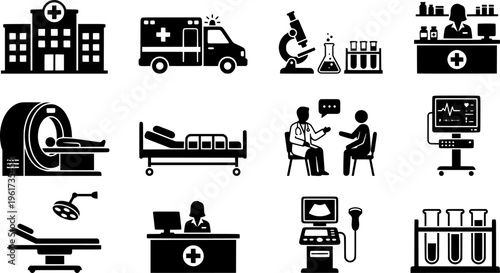 Medical facility icons. Line outline icon set of Medical facility icons: clinic building, emergency room,
