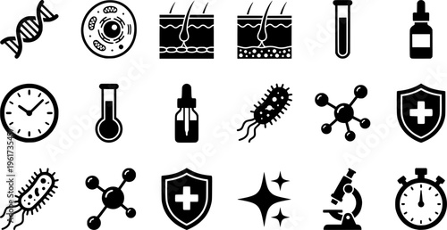 Anti-Aging Science Icons. Outline icon set of anti-aging science: DNA helix, wrinkle line, collagen strand,
