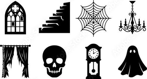 Haunted mansion details. Filled icon set of Haunted mansion details: gothic door, cracked stairs, spider web, wall
