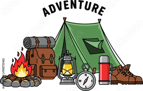 Embark on an exciting outdoor adventure with essential camping gear including a tent, backpack, bonfire, and compass