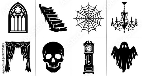 Haunted mansion details. Filled icon set of Haunted mansion details: gothic door, cracked stairs, spider web, wall

