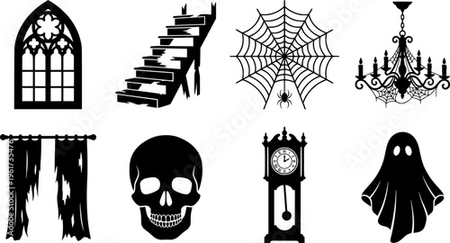Haunted mansion details. Filled icon set of Haunted mansion details: gothic door, cracked stairs, spider web, wall
