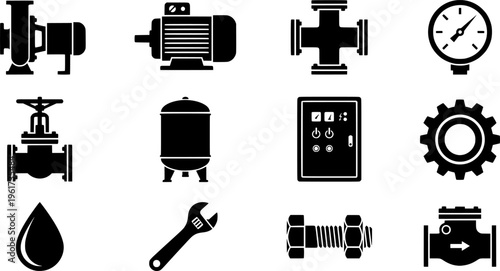 Industrial Pump Icons. Outline icon set of industrial pumps: centrifugal pump, motor, pipe, valve, filter,
