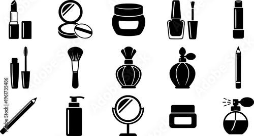 Vintage Beauty Icons. Outline icon set of vintage makeup and beauty: lipstick case, compact mirror, powder
