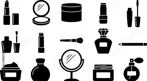 Vintage Beauty Icons. Outline icon set of vintage makeup and beauty: lipstick case, compact mirror, powder
