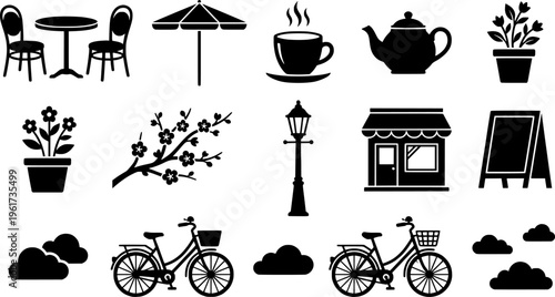 spring street cafe terrace outline. Line outline icon set of spring street cafe terrace outline: cafe table,
