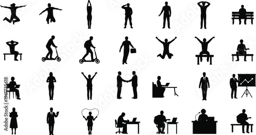 People silhouette set showing various activities including business work fitness jumping sitting lifestyle poses isolated vector illustration collection