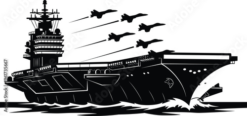 Military aircraft carrier illustration, fighter jets formation, naval power, warship silhouette, aviation strength, defense design, ocean waves, strategic operation artwork