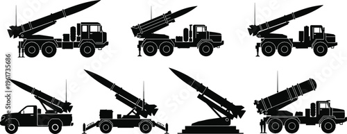 military missile launcher truck silhouettes, rocket artillery vehicles, defense systems, army equipment, transport trucks, weapon systems, isolated black icons set