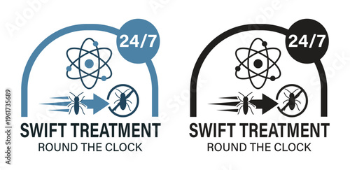 Swift Treatment Round the Clock Pest Control Logo, Featuring Atomic Science and Insect Removal Symbols