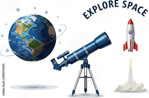 Explore the Universe Telescope and Rocket Illustration for Space Exploration and Discovery