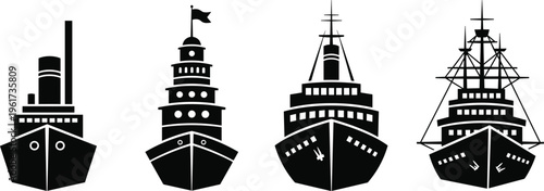 Ocean Liner and Cargo Ship Silhouette Set Featuring Vintage Steamships, Cruise Vessels, Maritime Transport, Naval Engineering, and Nautical Industry Design