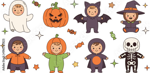 Cute kids Halloween costumes set ghost pumpkin bat witch skeleton characters cartoon vector illustration collection for children design