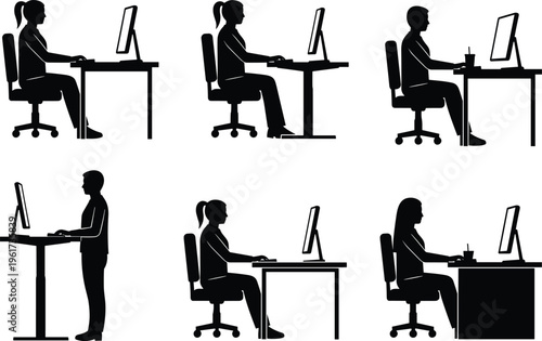 Office desk worker icons, computer workstation silhouettes, ergonomic posture vector, standing desk illustration, seated employee graphic, workplace productivity design set