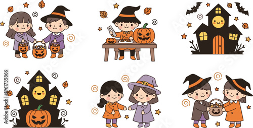 Cute kids Halloween scenes set children with pumpkins witches candy haunted house cartoon vector illustration collection for kids