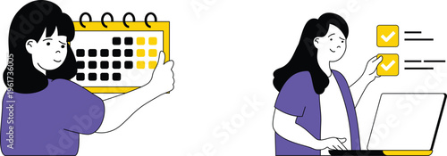 A woman checking calendar and another completing digital to-do lists on a laptop happily