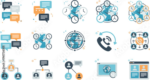 Global communication and networking icons set chat bubbles world map phone connection vector illustration modern flat design collection