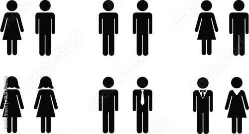 Silhouette icons of diverse couples, men and women pairs, LGBT representation, black pictogram figures, relationship unity symbols for signage design