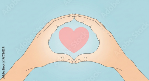 Hands forming a heart shape with fingers on a light blue background symbolizing love and care
