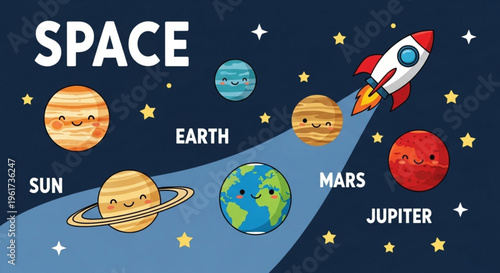 Colorful cartoon space scene with smiling planets and rocket ship blasting off into the stars