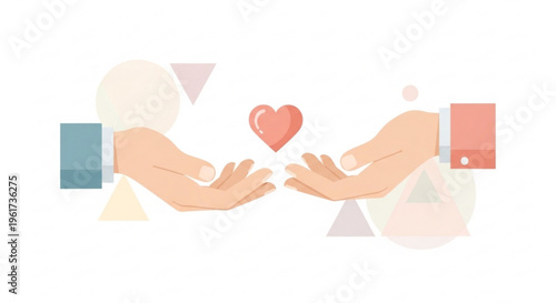 Two hands reaching for a heart symbol with geometric shapes in the background conveying love and care