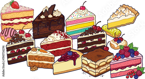 Assorted Cake Slices Collection with Chocolate, Strawberry, Rainbow and Cream Layers, Delicious Bakery Desserts Set, Sweet Food Vector Illustration for Menu Design
