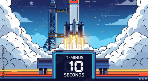 Rocket launch countdown timer t minus 10 seconds on launchpad with clouds and stars