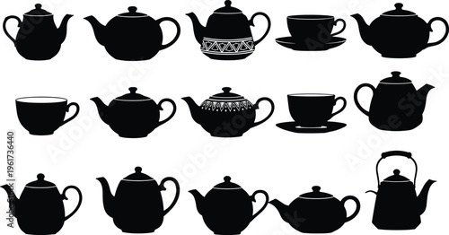 Teapot icons vector, teacup silhouettes design, tea set illustration, kitchenware graphic, beverage symbol, drinkware style, traditional tea design set