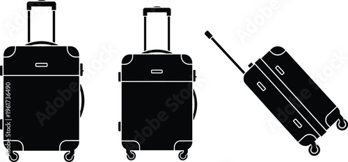 Travel luggage icons set, wheeled suitcase silhouette, front side tilted views, rolling bag design, tourism journey vacation symbol illustration