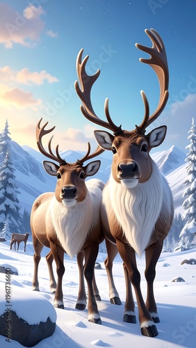 Digital painting of two reindeer with large antlers in a winter landscape with snow and mountains