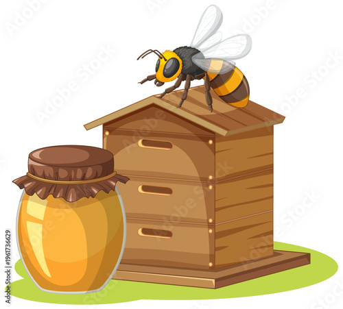 Honey Bee on Wooden Beehive Next to a Jar of Honey