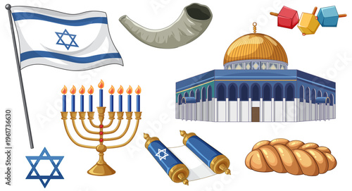 Collection of Jewish Religious Symbols and Cultural Icons on White Background