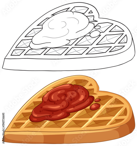 Heart Shaped Waffle with Strawberry Jam Topping Vector Illustration