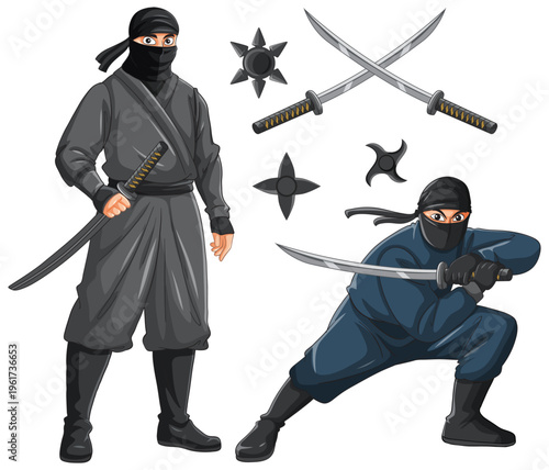 Japanese Ninja Warriors with Katana Swords and Shuriken Throwing Stars