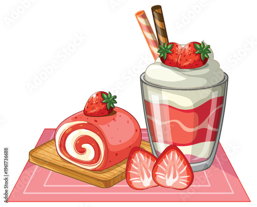 Strawberry Swiss Roll Cake and Parfait Dessert with Whipped Cream