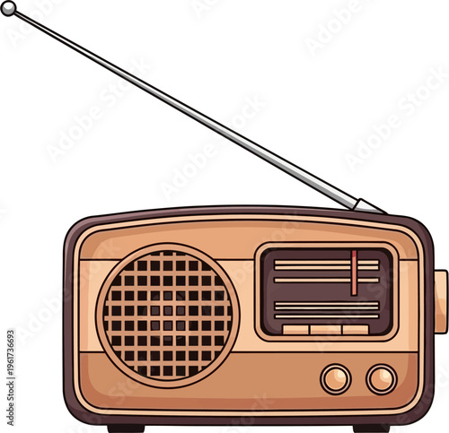 A detailed cartoon illustration of a vintage portable radio with an antenna, speaker, and tuning dial.
