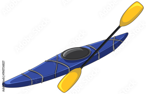 Blue Sea Kayak with Yellow Paddle Vector Illustration Isolated on White