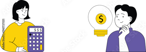 Two people thinking about financial planning and money-saving ideas together happily and creatively