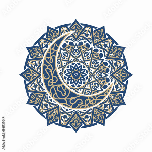 ornate islamic crescent and blue mandala