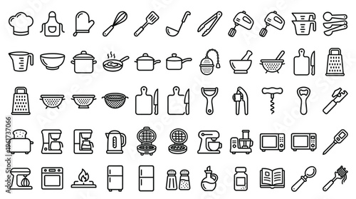 Set of 50 Outline Kitchen and Cooking Utensil Icons Vector