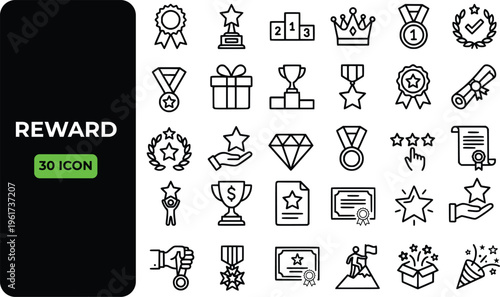30 Premium Reward and Achievement Line Icons Set - Vector Symbols for Success, Winning, Recognition, and Competition.