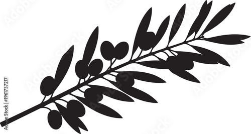 Olive branch silhouette, black leafy sprig, vector illustration, food icon