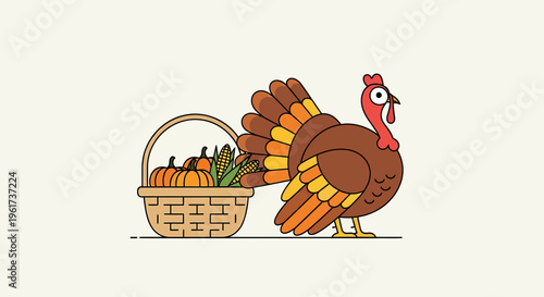 Cartoon Turkey Next to Basket.