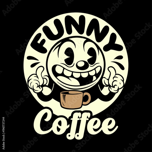 Vintage cartoon style illustration featuring a happy character holding a cup of hot fresh coffee Round Draw Logo, Editable Vector