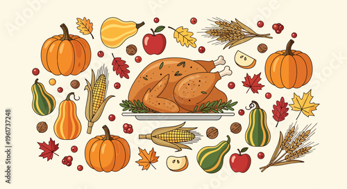 Roasted Turkey with Autumn Food Items.