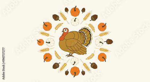 Brown Turkey Surrounded by Thanksgiving Food.